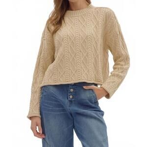 NEW ENTRO textured cable knit long sleeve top in natural